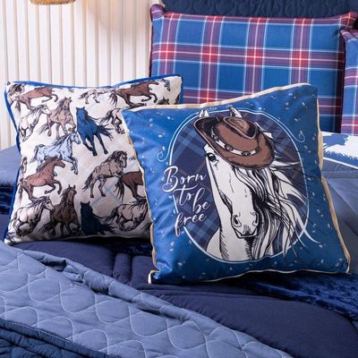 Kit Cobre Leito Colcha Queen Com Almofadas Estampadas 07 Peças - 300 Fios Matelado Cor Azul