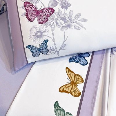 Jogo Lençol Summer Queen 4Peças Micropercal 300 Fios Estampado Floral Borboleta Lilás 100% Poliéster