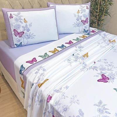 Jogo Lençol Summer Queen 4Peças Micropercal 300 Fios Estampado Floral Borboleta Lilás 100% Poliéster