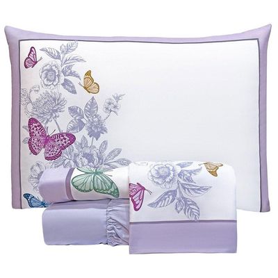 Jogo Lençol Summer Queen 4Peças Micropercal 300 Fios Estampado Floral Borboleta Lilás 100% Poliéster