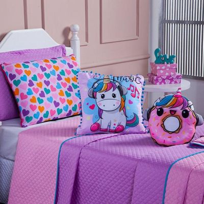 Kit Cobre Leito Colcha Solteiro Lilás/rosa Dupla Face Com Almofadas Estampadas 05 Peças