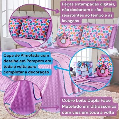 Kit Cobre Leito Colcha Solteiro Lilás/rosa Dupla Face Com Almofadas Estampadas 05 Peças