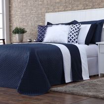 Kit Cobre Leito Colcha King Miami Azul Marinho/branco Dupla Face Com Almofadas Estampadas 06 Peças