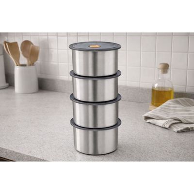 Kit 4 Potes Herméticos Redondo Inox 450ml Vasilha Aço Inoxidável Tampa Vedação