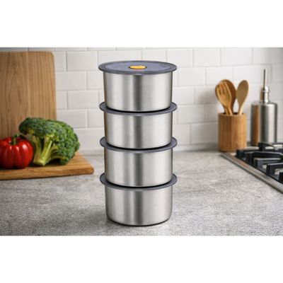 Kit 4 Potes Herméticos Redondo Inox 450ml Vasilha Aço Inoxidável Tampa Vedação