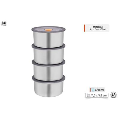 Kit 4 Potes Herméticos Redondo Inox 450ml Vasilha Aço Inoxidável Tampa Vedação