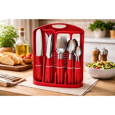 Faqueiro Inox 26 Peças Vermelho Jogo Talheres Cozinha Mesa Churrasco Completo