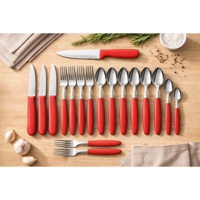 Faqueiro Inox 26 Peças Vermelho Jogo Talheres Cozinha Mesa Churrasco Completo