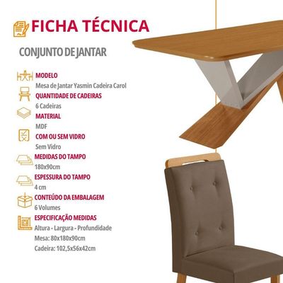 Mesa De Jantar Yasmin 180cm Tampo Mdf Com 6 Cadeiras Carol Veludo Capuccino/naturale/off White