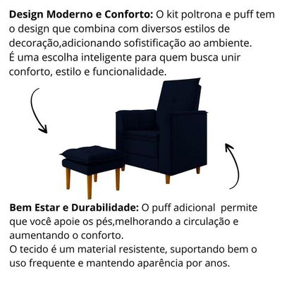 Poltrona Amamentação Confortável Com Puff Ivy Suede Azul Marinho
