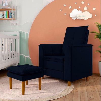 Poltrona Amamentação Confortável Com Puff Ivy Suede Azul Marinho