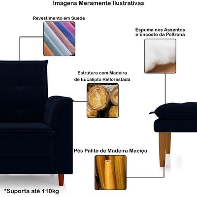 Poltrona Amamentação Confortável Com Puff Ivy Suede Azul Marinho