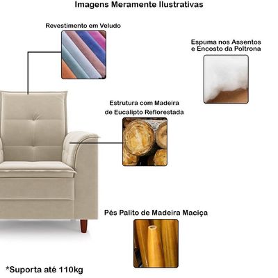 Poltrona Para Sala Confortável Decorativa Isa Veludo bege