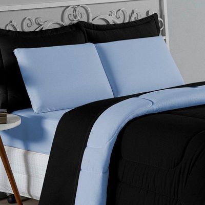 Kit Edredom Dupla Face + Jogo De Lençol Casal Nobre 6 Peças Malha 100% Algodão - Preto / Azul-bebê