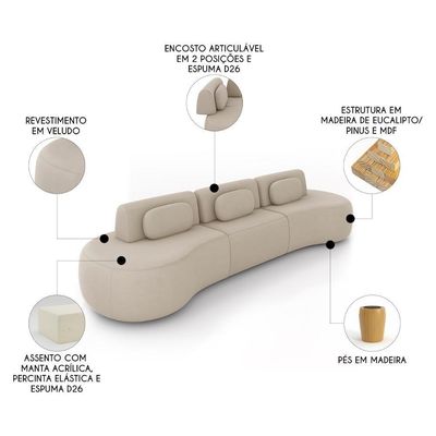Sofá 4 Lugares 326cm Orgânico Mellanie Veludo Bege Z32 - Mpozenato