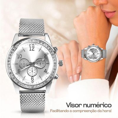 Relogio Feminino Aço Strass + Colar + Pulseira + Brincos Redondo Social Qualidade Premium Prata Moda