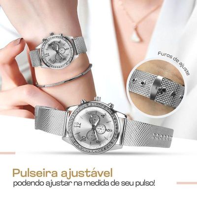 Relogio Feminino Aço Strass + Colar + Pulseira + Brincos Redondo Social Qualidade Premium Prata Moda