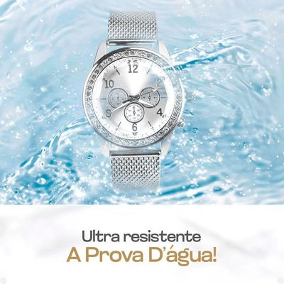 Relogio Feminino Aço Strass + Colar + Pulseira + Brincos Redondo Social Qualidade Premium Prata Moda