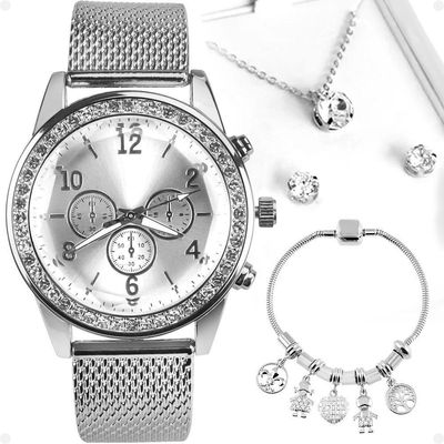 Relogio Feminino Aço Strass + Colar + Pulseira + Brincos Redondo Social Qualidade Premium Prata Moda