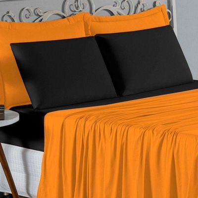 Jogo De Cama Casal Nobre 4 Peças Lençol Com Elástico De 30cm De Altura  100% Algodão  Laranja  Preto
