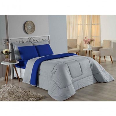Edredom Queen Nobre 1 Peça Dupla Face 2,20m X 2,40m Malha 100% Algodão - Cinza / Royal