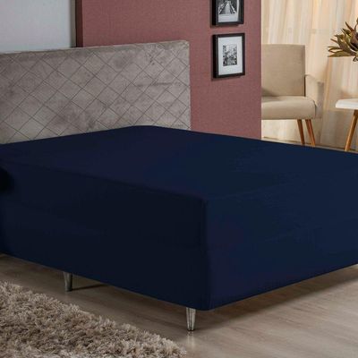 Lençol Com Elástico Queen Nobre 1 Peça Luva De Box 55cm De Altura Malha 100% Algodão - Azul-marinho