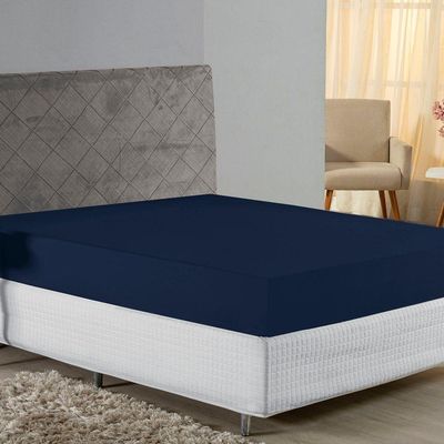 Lençol Com Elástico Queen Nobre 1 Peça 30cm De Altura Malha 100% Algodão - Azul-marinho