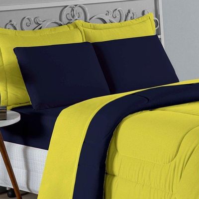 Edredom Queen Nobre 1 Peça Dupla Face 2,20m X 2,40m Malha 100% Algodão - Amarelo / Azul-marinho