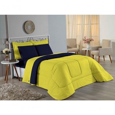 Edredom Queen Nobre 1 Peça Dupla Face 2,20m X 2,40m Malha 100% Algodão - Amarelo / Azul-marinho