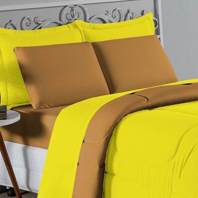 Kit Edredom Dupla Face + Jogo De Lençol Casal Nobre 6 Peças Malha 100% Algodão - Amarelo / Cobre