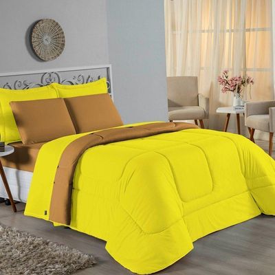 Kit Edredom Dupla Face + Jogo De Lençol Casal Nobre 6 Peças Malha 100% Algodão - Amarelo / Cobre