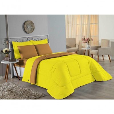 Kit Edredom Dupla Face + Jogo De Lençol King Nobre 7 Peças Malha 100% Algodão - Amarelo / Cobre