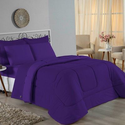Kit Edredom Dupla Face + Jogo De Lençol King Nobre 6 Peças Malha 100% Algodão - Roxo