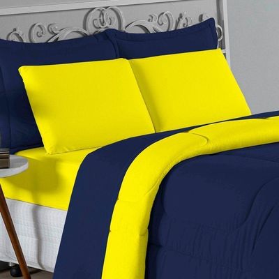 Kit Edredom Dupla Face + Jogo De Lençol Casal Nobre 7 Peças  100% Algodão - Azul-marinho / Amarelo