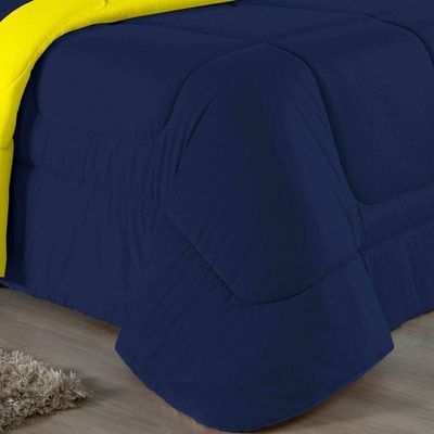 Kit Edredom Dupla Face + Jogo De Lençol Casal Nobre 7 Peças  100% Algodão - Azul-marinho / Amarelo