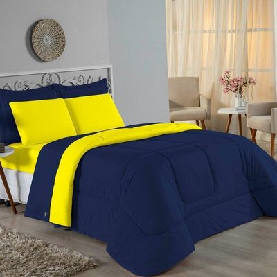 Kit Edredom Dupla Face + Jogo De Lençol Casal Nobre 7 Peças  100% Algodão - Azul-marinho / Amarelo