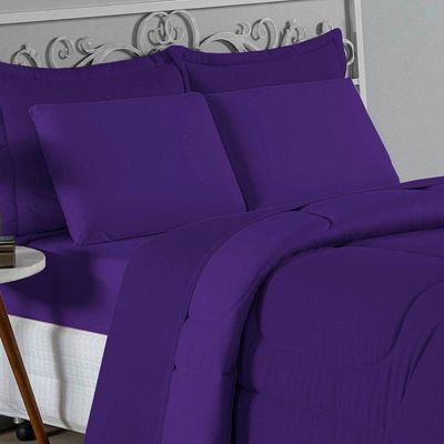 Kit Edredom Dupla Face + Jogo De Lençol King Nobre 6 Peças Malha 100% Algodão - Roxo