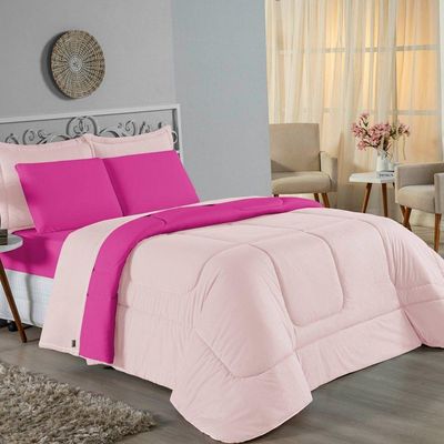 Kit Edredom Dupla Face + Jogo De Lençol Casal Viúva Nobre 7 Peças Malha 100% Algodão - Rosa / Pink
