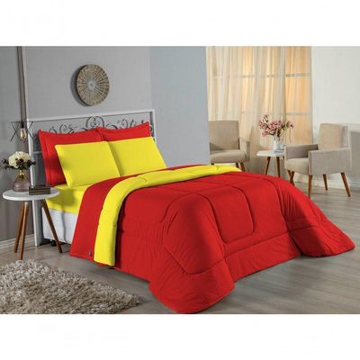 Kit Edredom Dupla Face + Jogo De Lençol Queen Nobre 7 Peças Malha 100% Algodão - Vermelho / Amarelo
