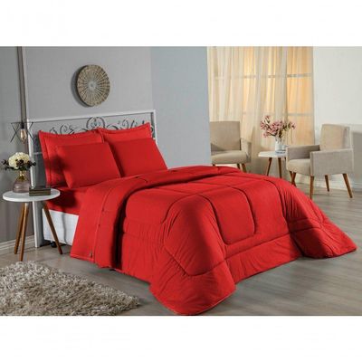 Kit Edredom Dupla Face + Jogo De Lençol King Nobre 7 Peças Malha 100% Algodão - Vermelho