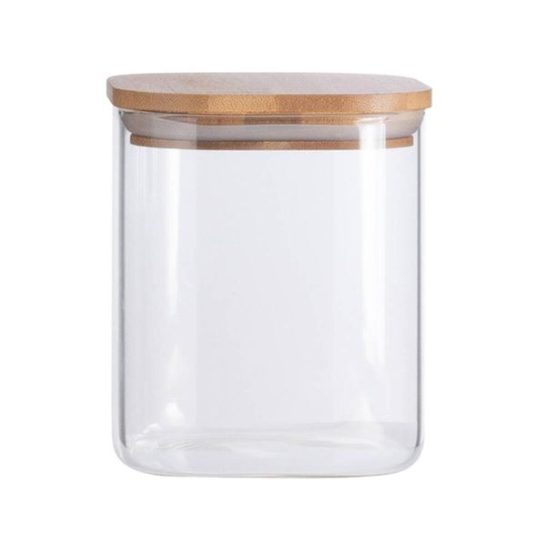 Pote Quadrado Vidro 800ml Oikos Borea Tampa Bambu Hermética 10x10x10,5cm Porta Mantimentos