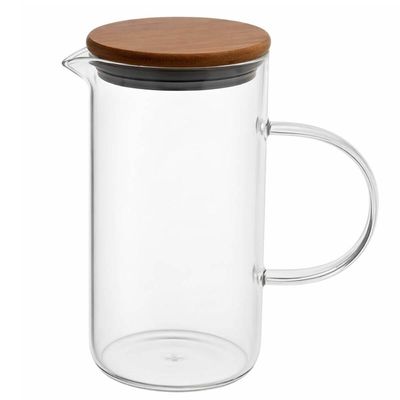 Jarra de Vidro 750ml com Alça Tampa Bambu Linha Borea Oikos Bico em V Suco Água Bebidas