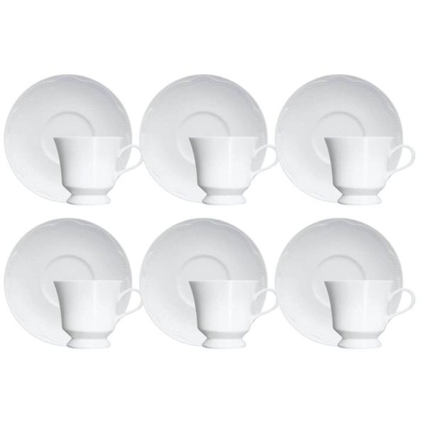 Jogo 6 Xícaras de Chá Café 190ml com Pires Porcelana Germer Branco Relevo Cottage