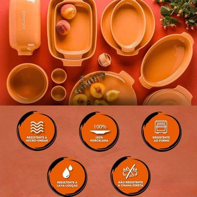 Jogo 3 Travessas Assadeiras de Porcelana Refratária Laranja Oval P M G Assar e Servir Germer