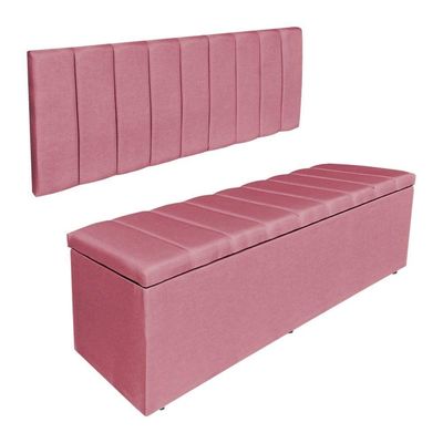 Kit Cabeceira Painel E Calçadeira Recamier Baú Queen 1,60m Holanda Suede Rosa - Pallazio