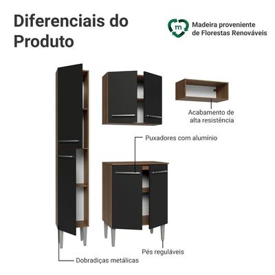 Armário De Cozinha Compacta 156 Cm Emilly Madesa 03 Rustic/Preto