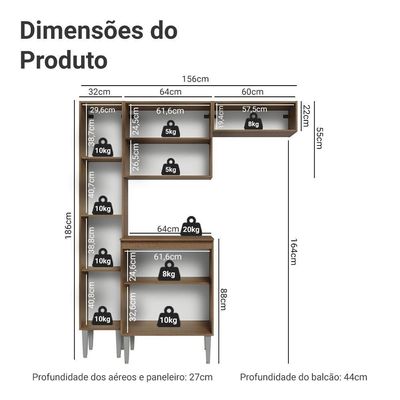 Armário De Cozinha Compacta 156 Cm Emilly Madesa 03 Rustic/Preto