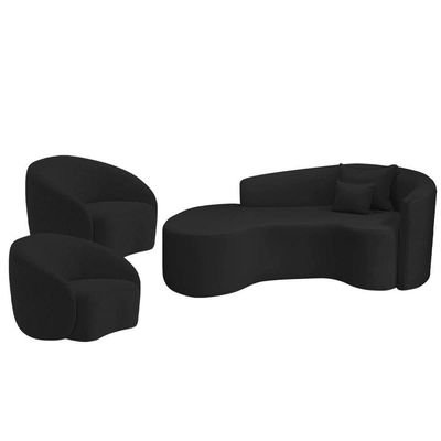 Kit Recamier Curvo Sala De Estar Inglaterra 200cm Lado Esquerdo E 2 Poltronas Orgânica Bouclé Preto