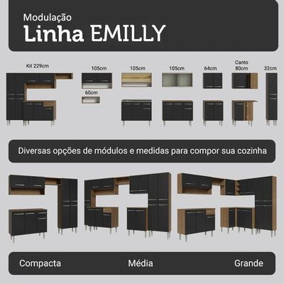 Armário De Cozinha Compacta 156 Cm Emilly Madesa 03 Rustic/Preto