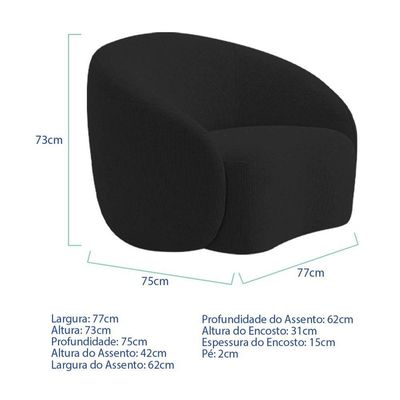 Kit Recamier Curvo Sala De Estar Inglaterra 200cm Lado Esquerdo E 2 Poltronas Orgânica Bouclé Preto